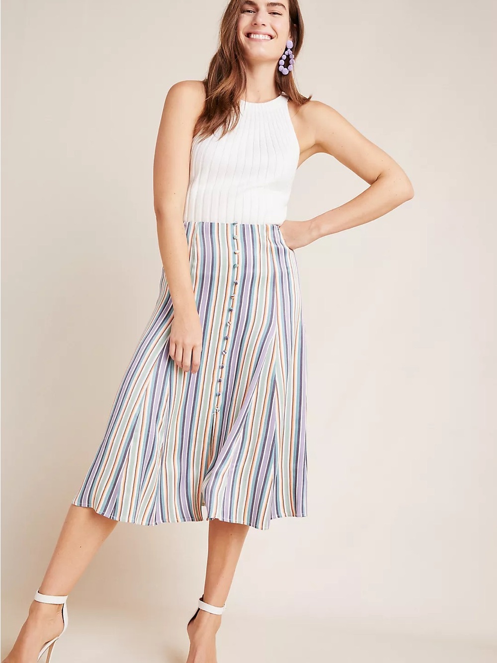 Anthropologie x Maeve Freya Button Down Midi Skirt Rainbow Stripes Whimsycore